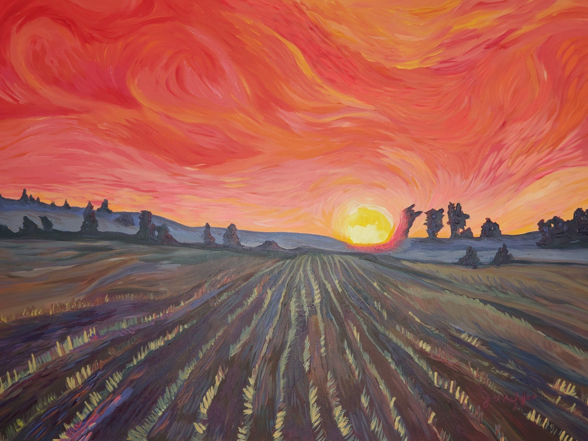 A painting of a field with a sunset in the background.