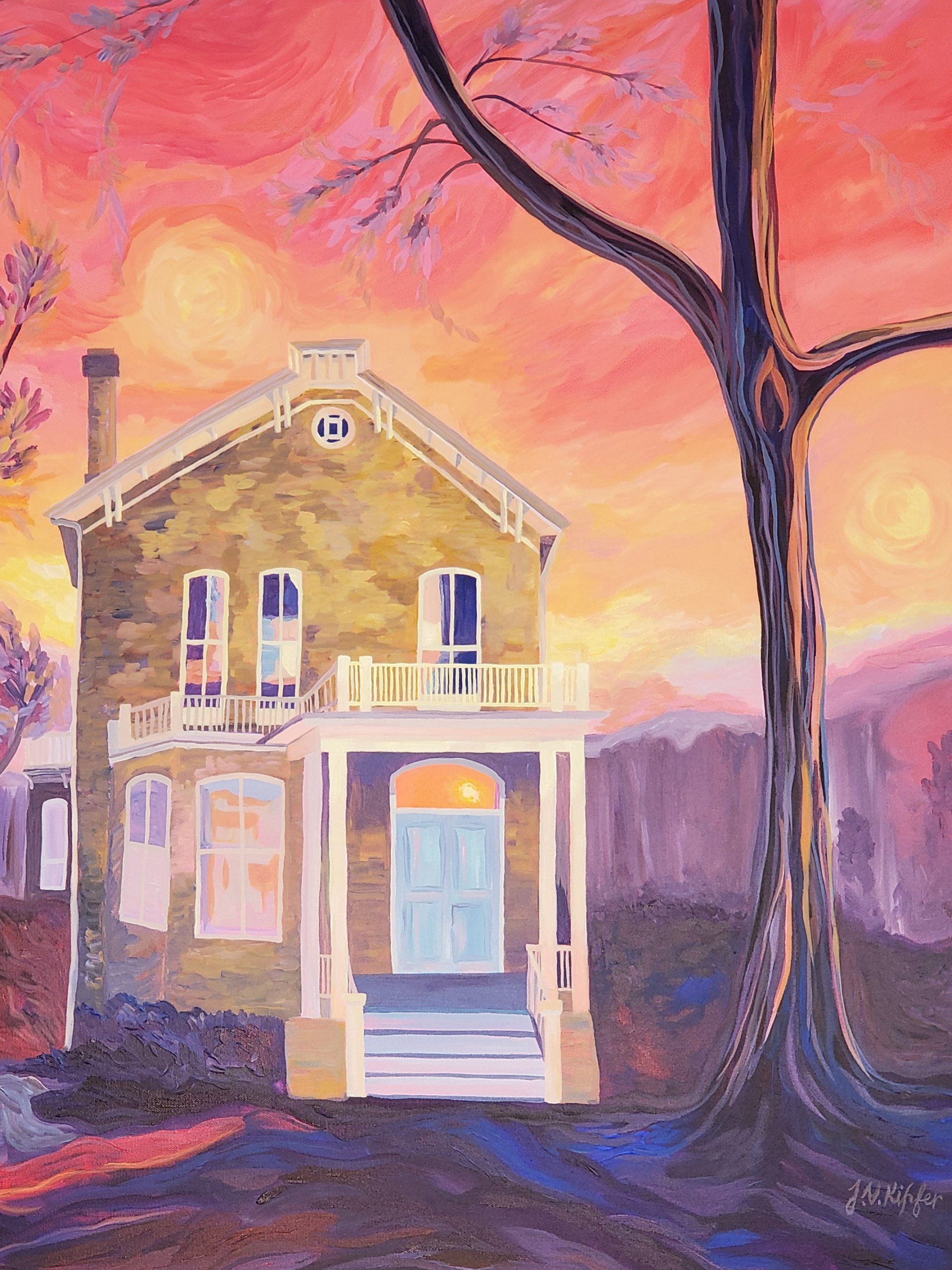 A painting of a house with a tree in front of it