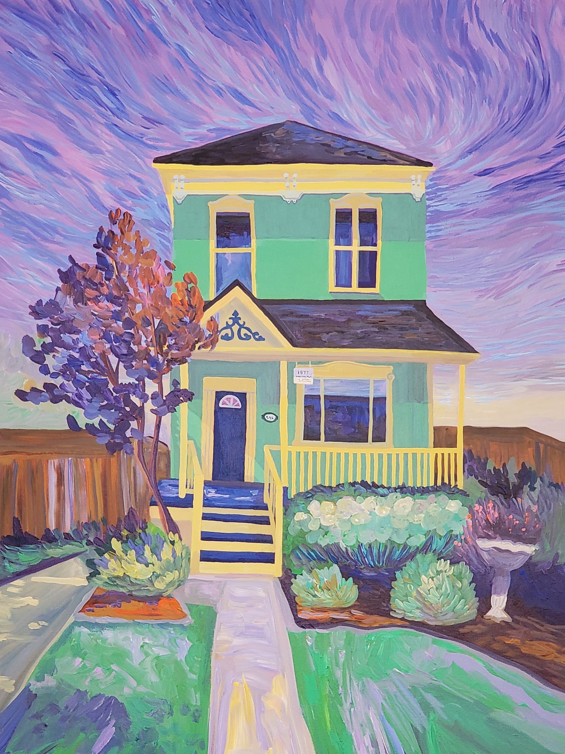 A painting of a green and yellow house with a purple sky in the background.