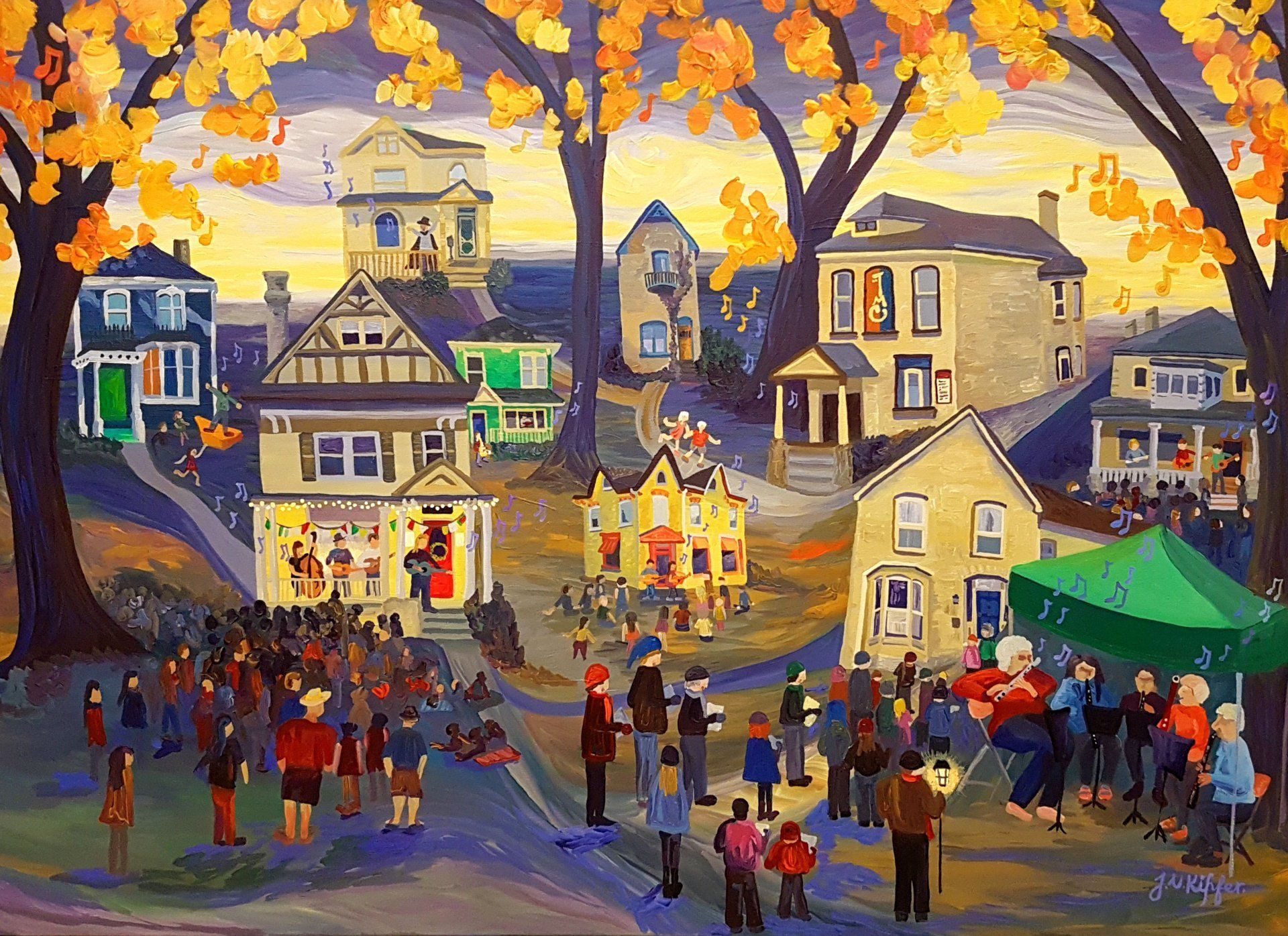 A painting of a group of people standing in front of houses.