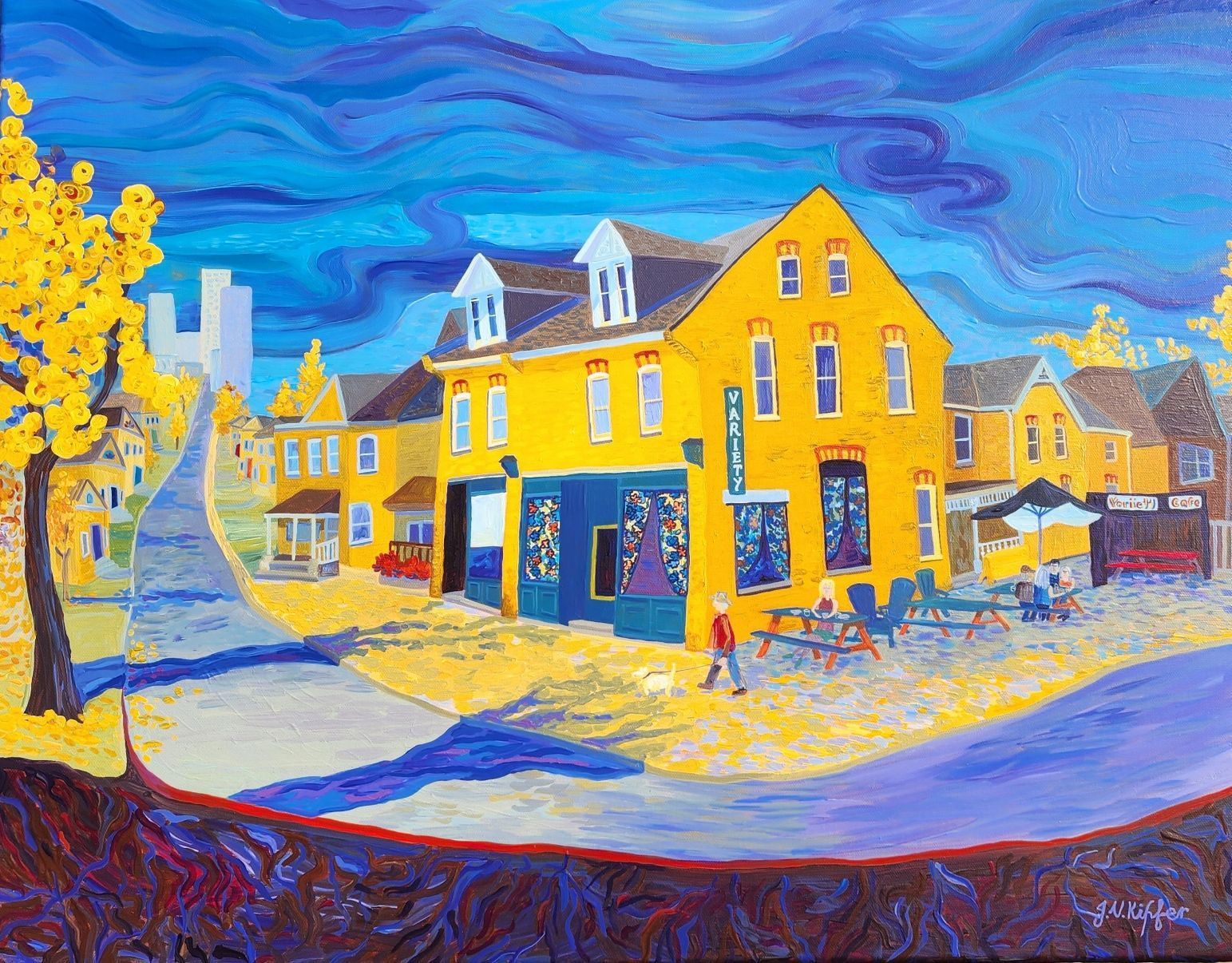 Colorful painting of a town with houses, trees, and a train passing through, under a vibrant sunset sky.