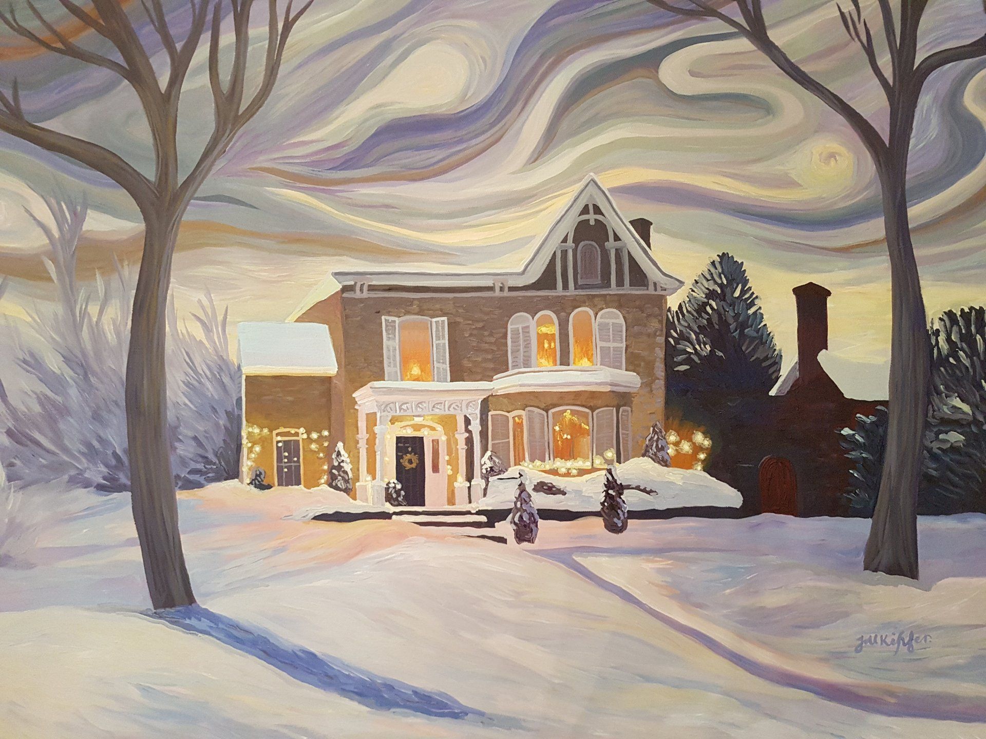 A painting of a house in the snow with christmas lights