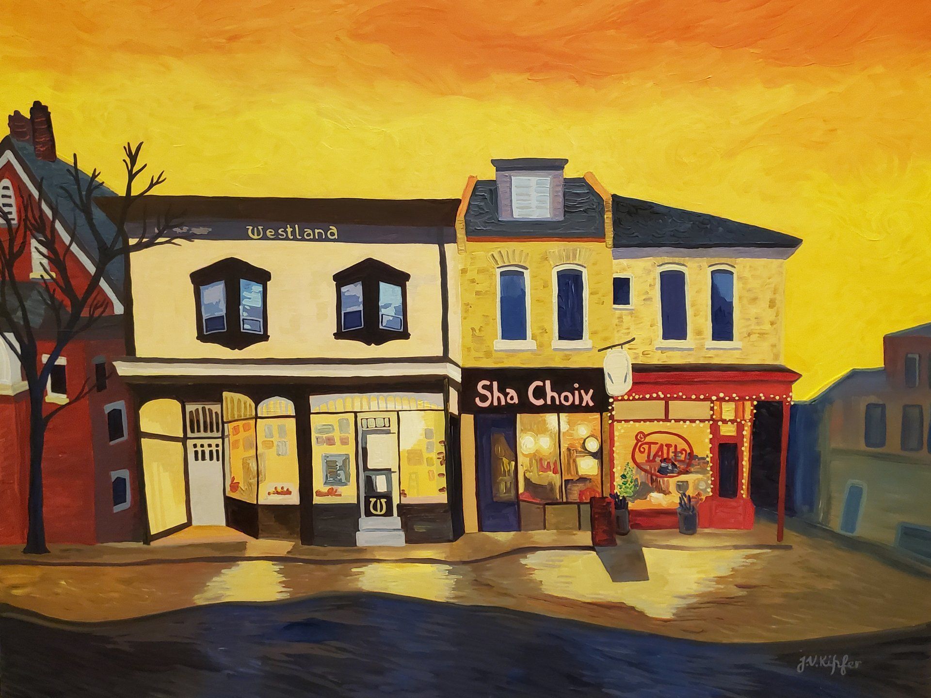 A painting of a row of shops in Wortley Village