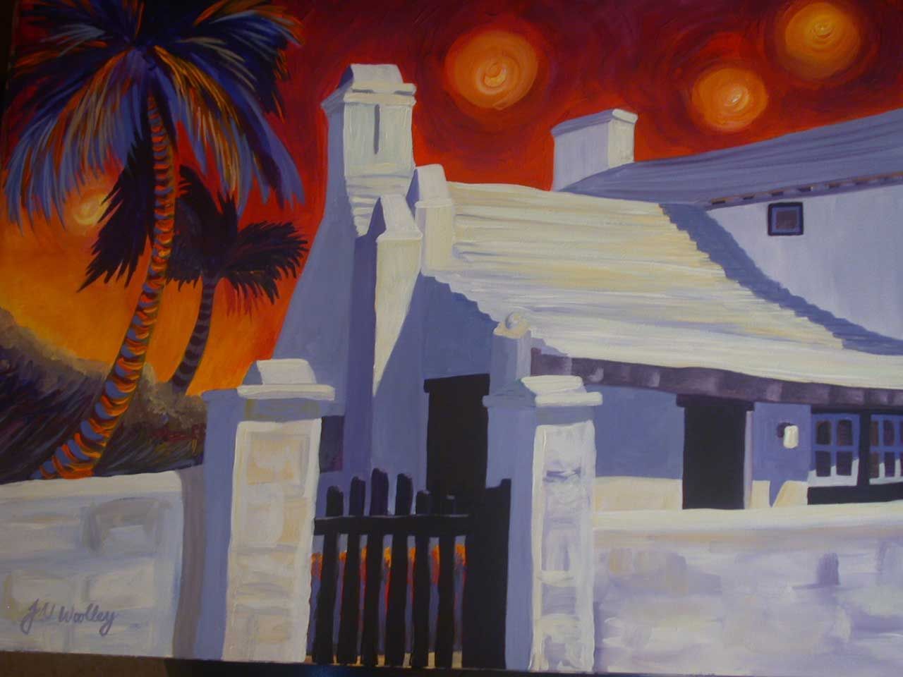 A painting of a house with a palm tree in the background