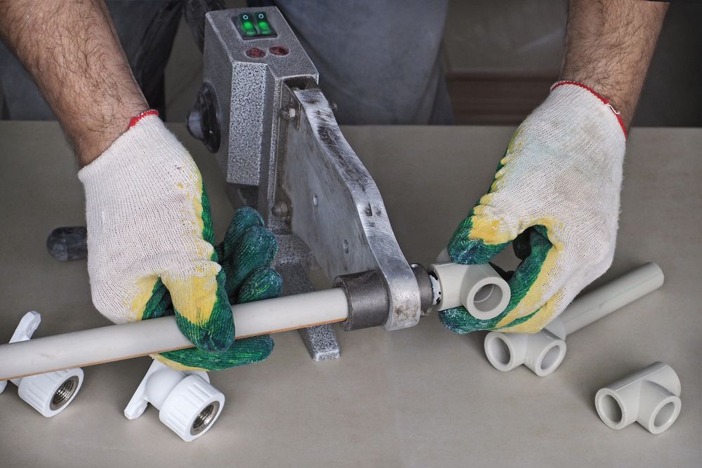A Man is welding a Plastic Pipe With a Machine — Absolute Plumbing Australia in Howard Spring, NT