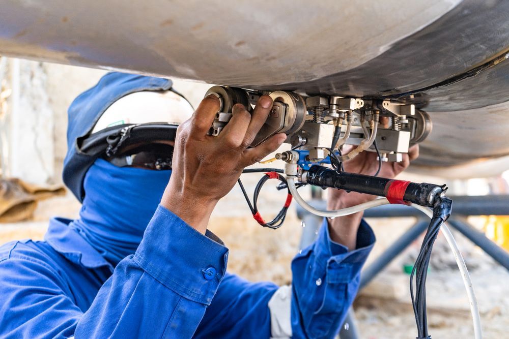 A Man in a Blue Jacket is Working on a Machine — Absolute Plumbing Australia in Howard Spring, NT