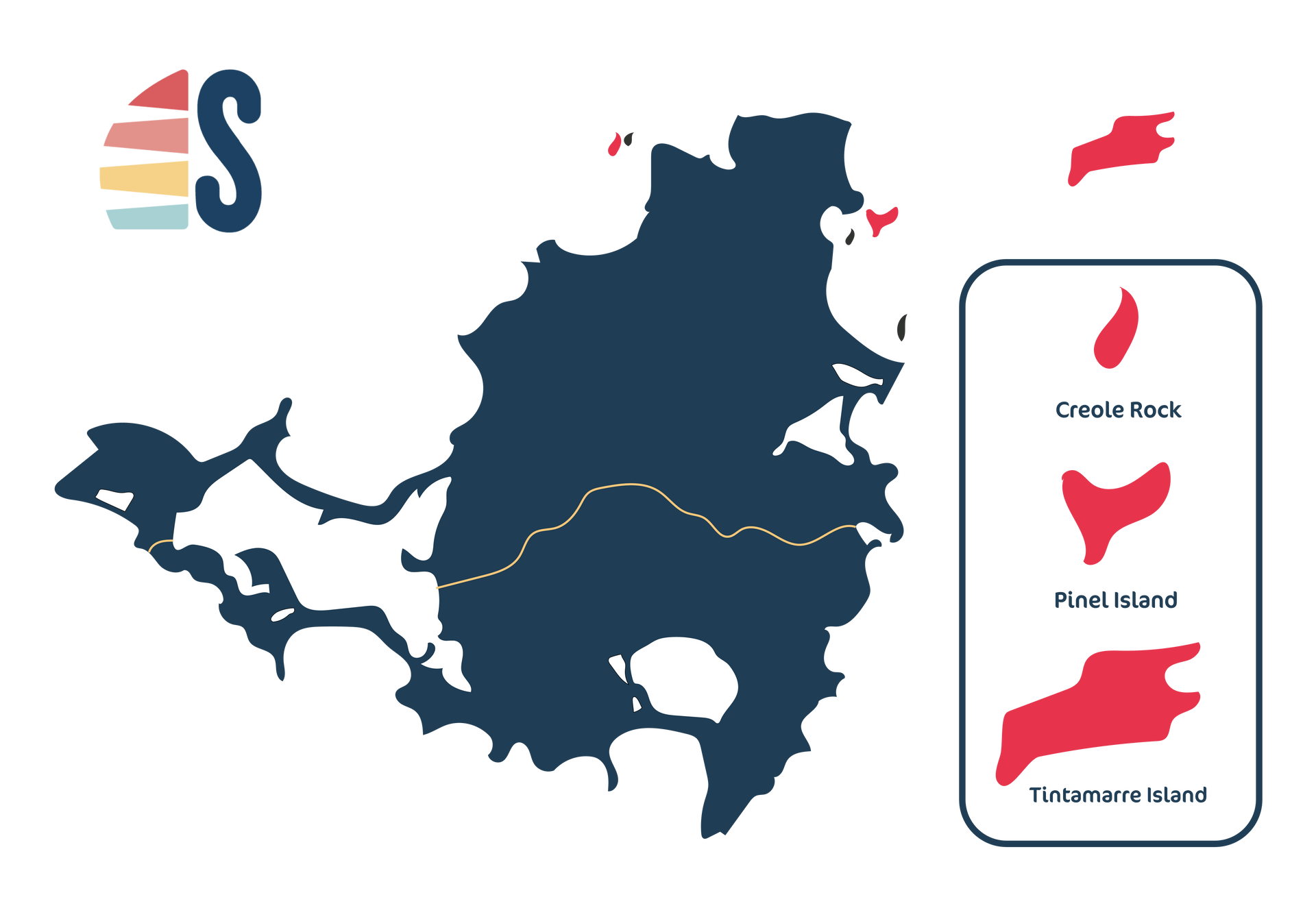 Map of Saint Martin and surrounding islands, dark blue and red, with a logo