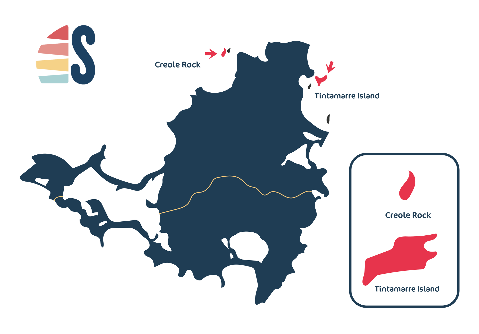 Map of Sint Maarten/Saint Martin with nearby islands highlighted, and a logo in the top left corner.