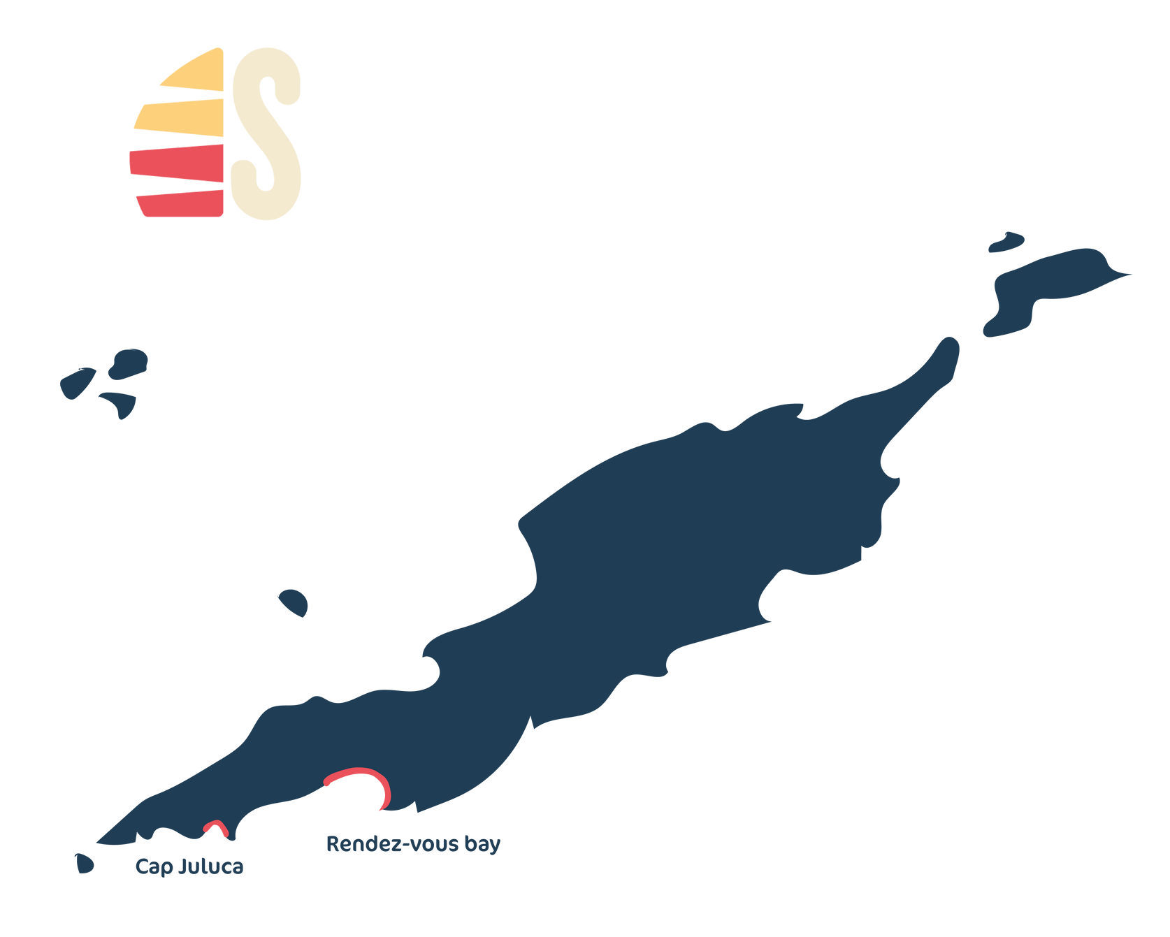 Map of Anguilla with a sunset logo in the corner; marked locations include Cape Arcas and Road Bay.