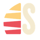 Stylized logo: geometric shapes, red and yellow, beside a cream-colored