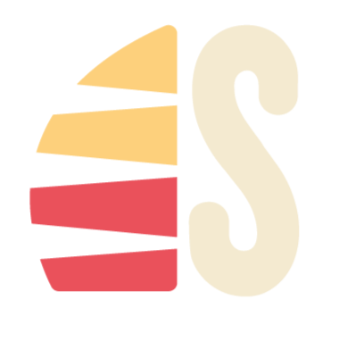 Stylized logo: geometric shapes, red and yellow, beside a cream-colored