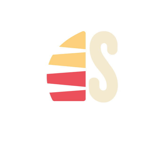 Abstract logo: Yellow and red segmented shape next to a light cream colored