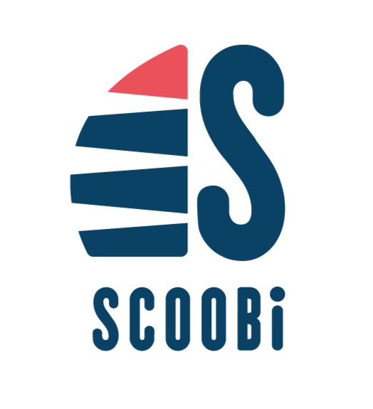 SCOOBi logo: Blue and red abstract design beside large blue