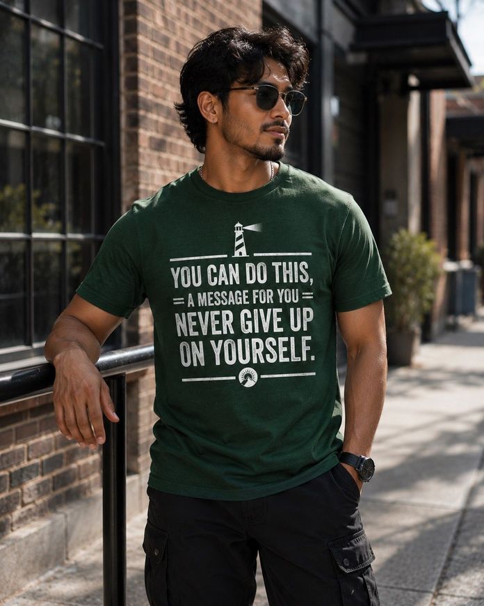 Man leaning on a brick wall wearing a green T-shirt with motivational text and sunglasses