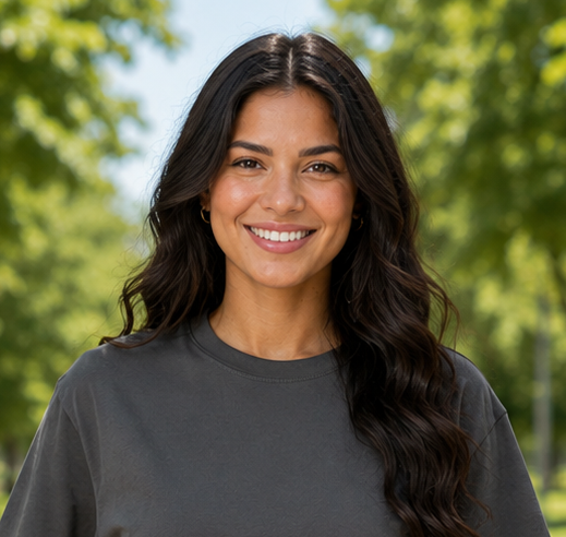 Smiling person in a dark gray shirt standing outdoors with blurred green trees behind