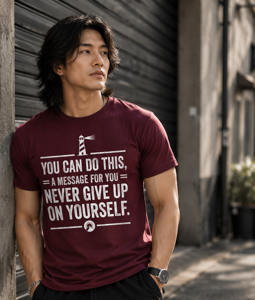Person in a maroon T-shirt with motivational text, leaning against a wall outdoors.