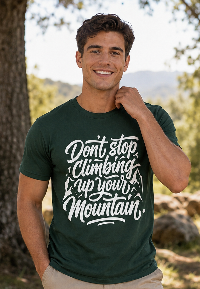 Man smiling outdoors in a green T-shirt with “Don’t stop climbing up your mountain” text.