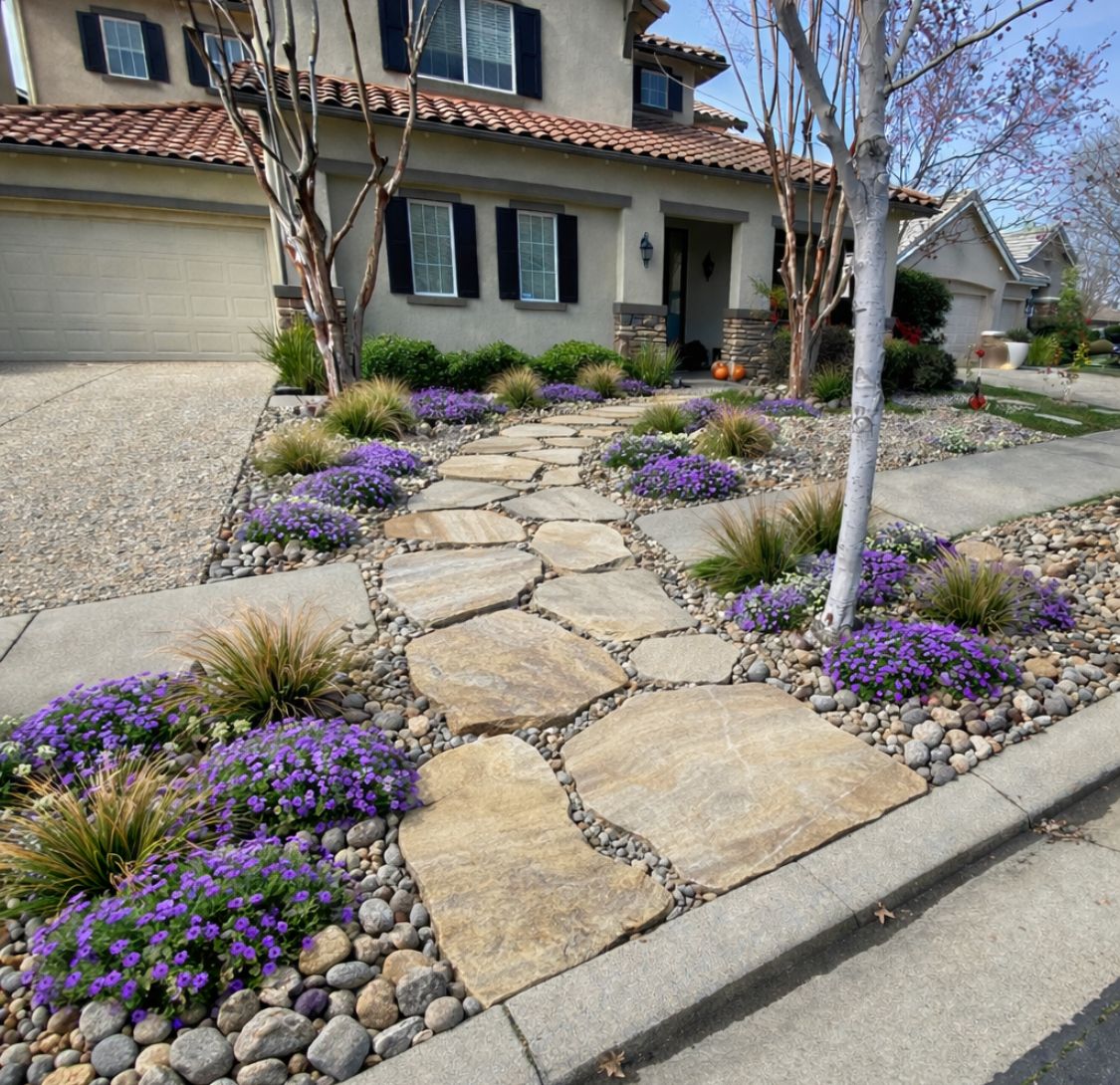 Front yard stone walkway with purple flowers and a house in the background