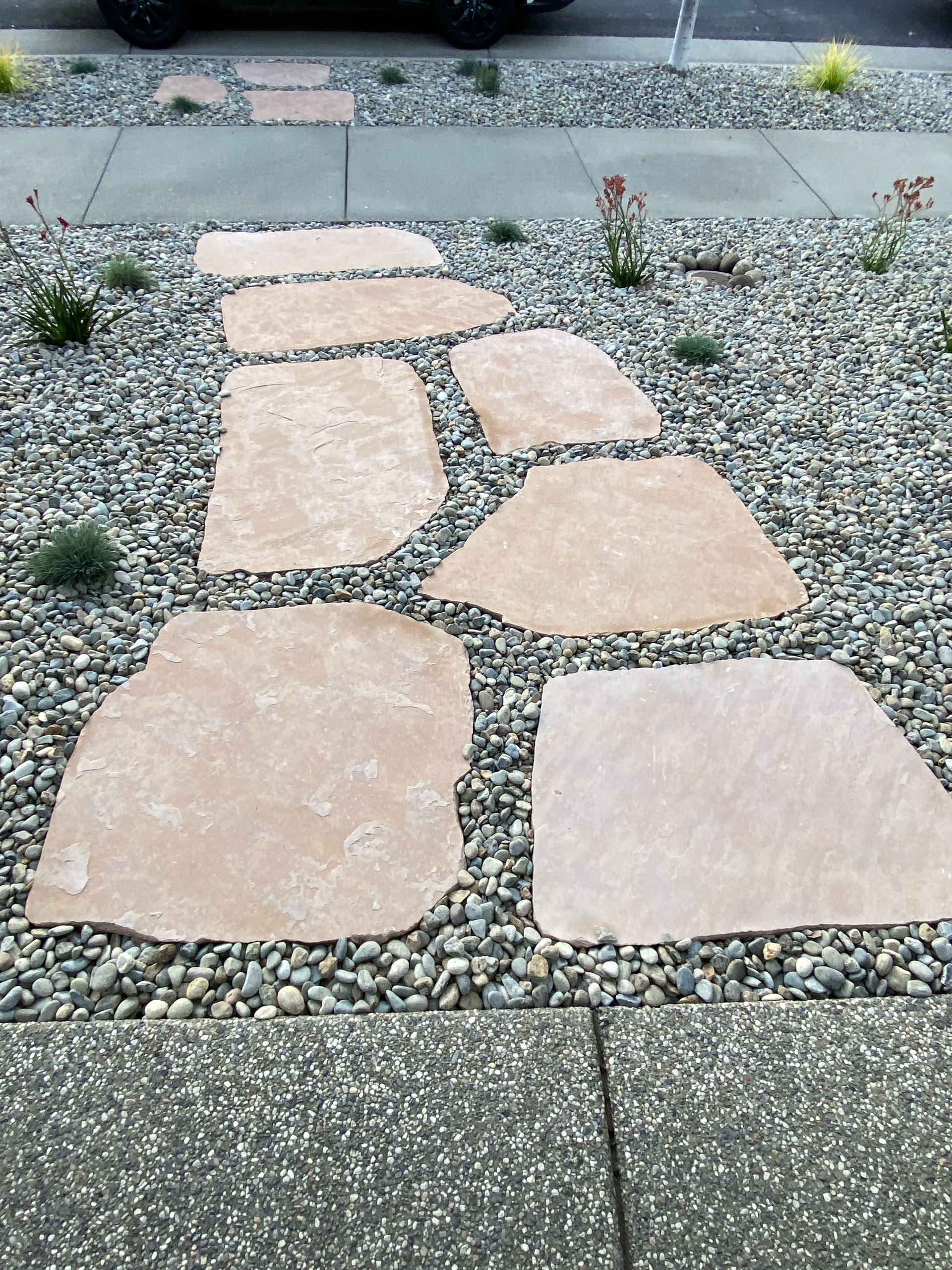 Stone stepping path through white gravel in a front yard garden