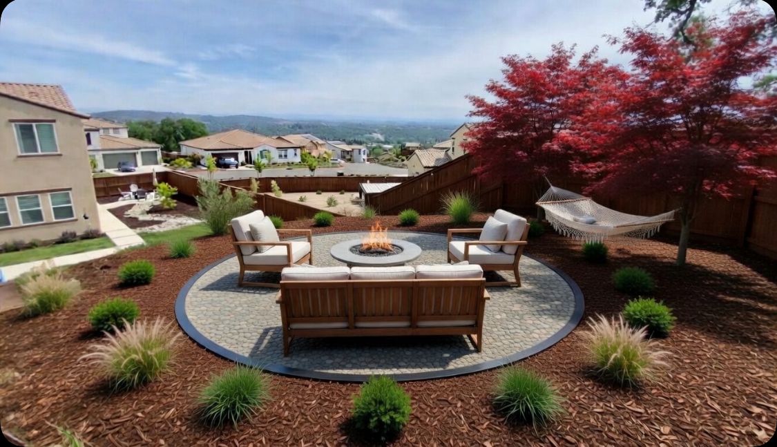 Patio seating area with fire pit, circular pavers, and red tree overlooking suburban homes
