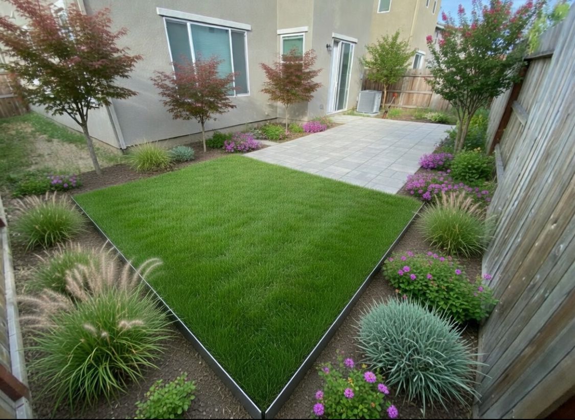 Modern landscaped backyard with artificial turf, stone patio, and colorful plants along the fence
