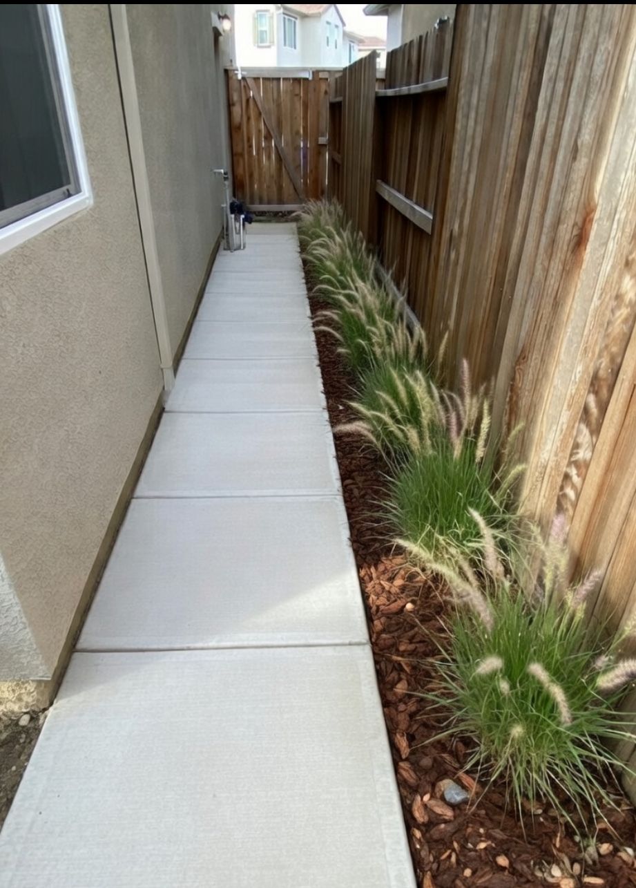Narrow concrete side yard walkway beside beige siding and wooden fence, with plants along the right edge.