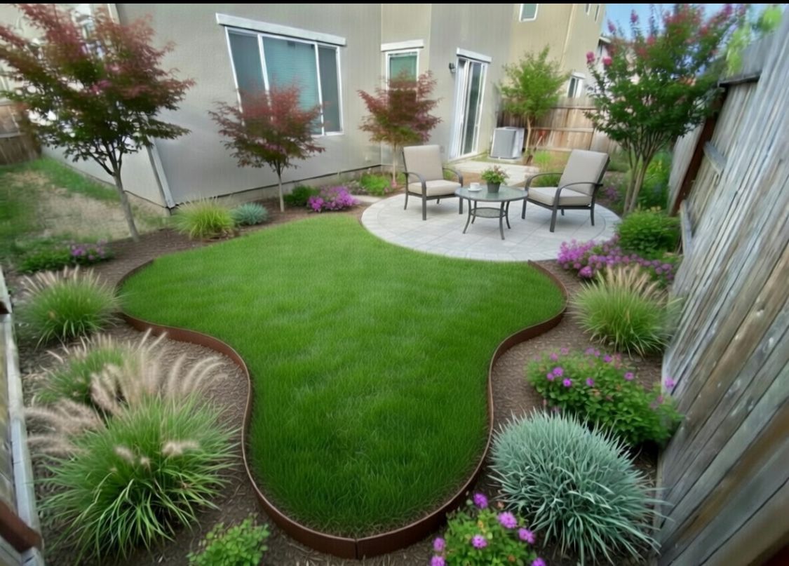 Small landscaped backyard with a curving lawn, potted plants, and a patio seating area