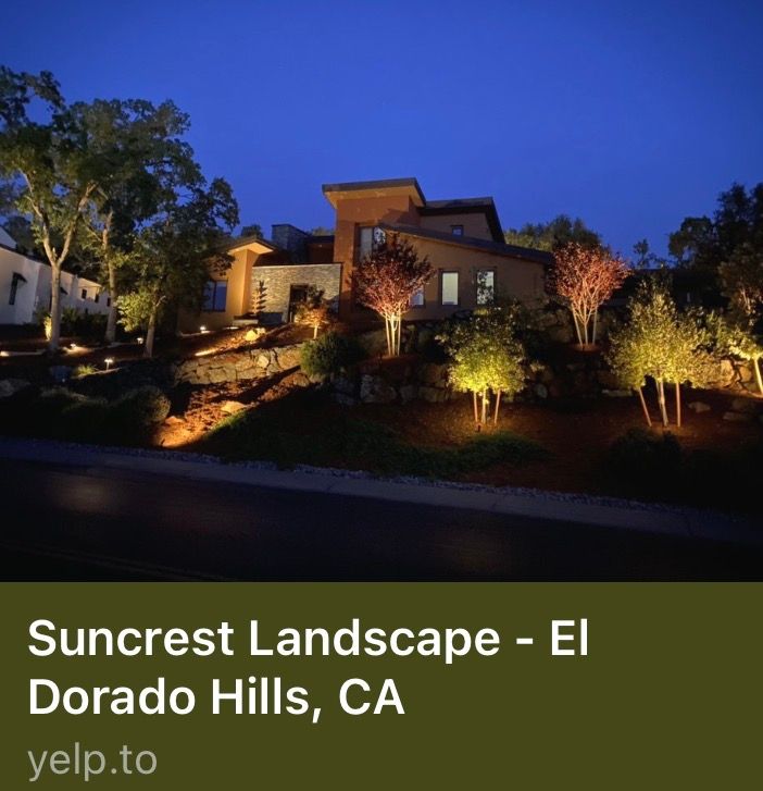 Sunset-lit landscaped home exterior with trees, shrubs, and pathway lighting in El Dorado Hills, CA