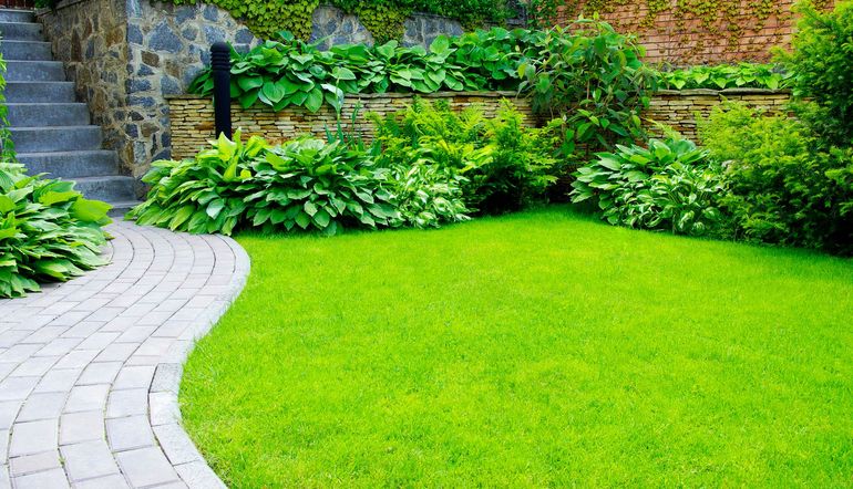 Curved stone path beside a lush green lawn and dense garden plants near stone steps
