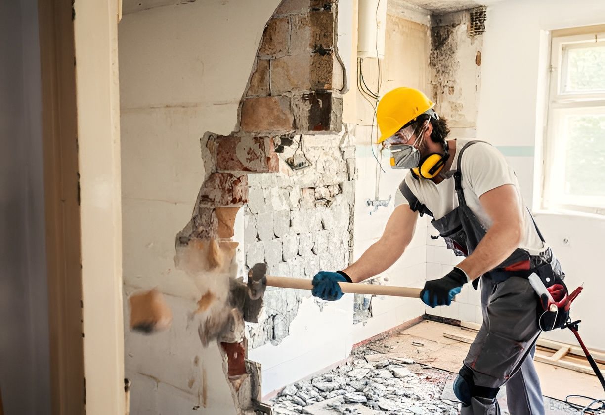 Construction Worker Wearing Safety Gear, Demolishing a Wall — Ecowave Solutions Asbestos Removal In Gosford, NSW