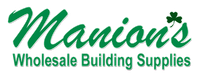 The logo for Manion's Wholesale Building Supplies in green script font, featuring a small shamrock above the letter 's'.