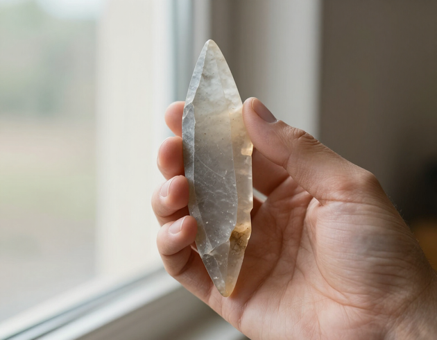 Hand holding Clovis fluted spear point up to light