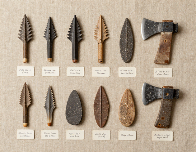 Flat-lay of Native American stone artifacts on aged linen with identification tags