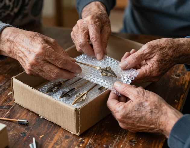 Elderly hands unwrapping bubble-wrapped arrowheads from an inherited collection