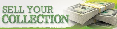 “Sell your collection” banner with stacks of cash on a white background