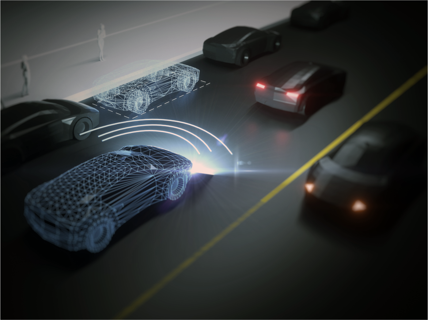 A computer generated image of a car driving down a road