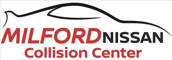 The logo for milford nissan collision center has a car on it.