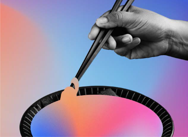 Gray hand with chopsticks lifting pink sushi from a black plate on a pastel gradient background