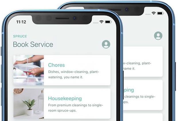 Two smartphones showing a “Book Service” app with cards for cleaning and housekeeping services