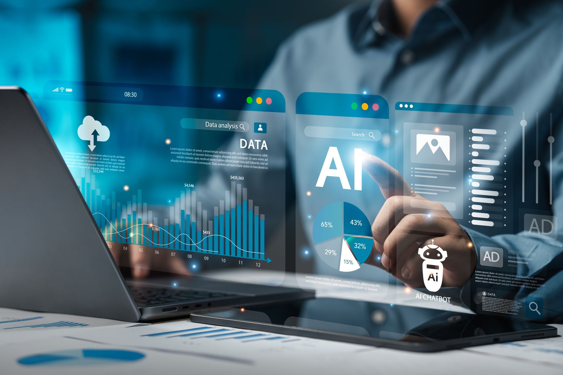 Person typing on a laptop with futuristic AI analytics overlays in a blue-toned office setting