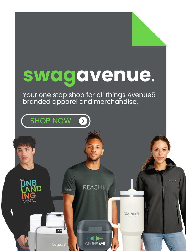 Swag Avenue promo poster with green and gray branding, “Shop now” button, and branded apparel products.