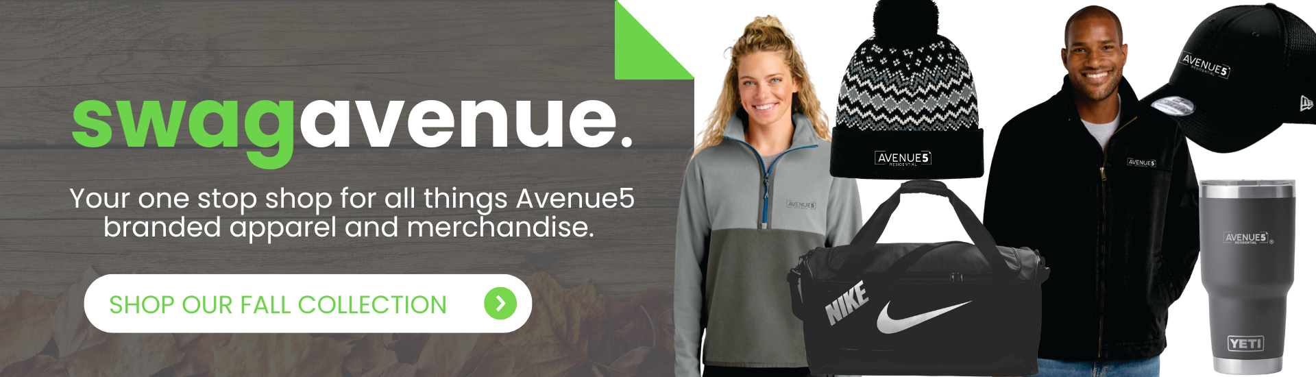 SwagAvenue promotional banner with assorted custom-branded products on a gray background