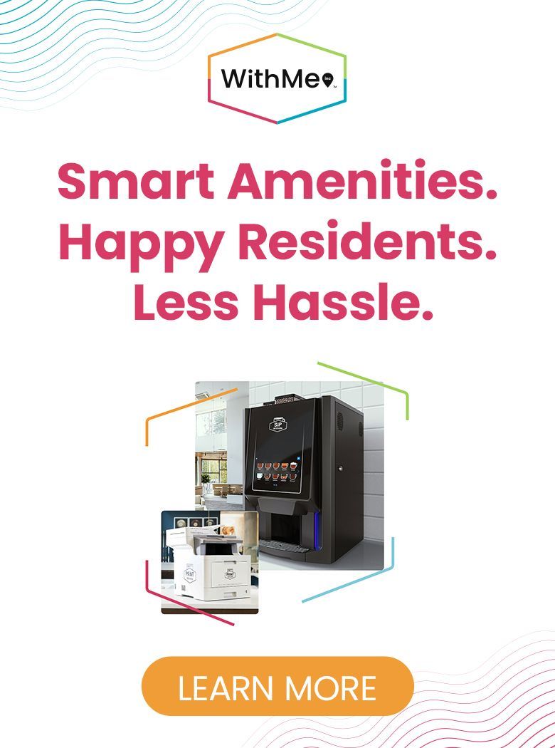 WithMe smart amenities ad with vending machine and “Learn More” button, “Happy Residents. Less Hassle.”