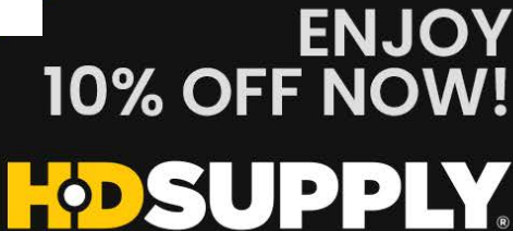 Black promo banner reading “ENJOY 10% OFF NOW!” with HD Supply logo in yellow and white.