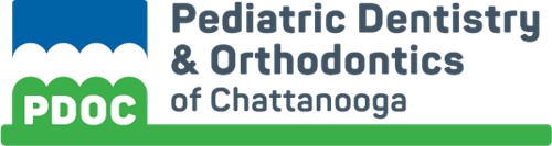 Logo for Pediatric Dentistry & Orthodontics of Chattanooga, with blue and green text and green underline