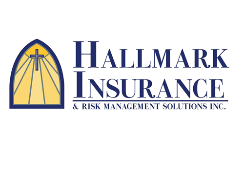 Hallmark Insurance logo with blue text and a yellow church-window icon