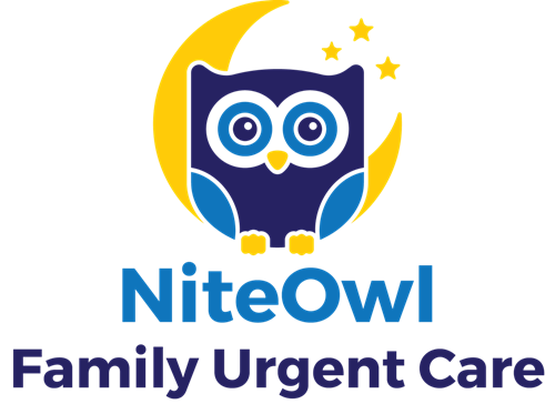 NiteOwl Family Urgent Care logo with blue owl, yellow moon, and stars