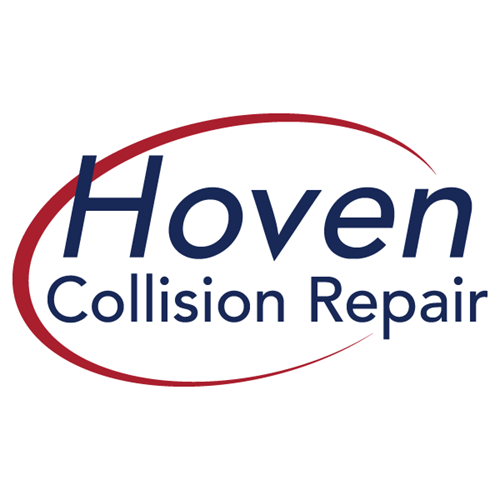 Hoven Collision Repair logo in blue and red with a red swoosh