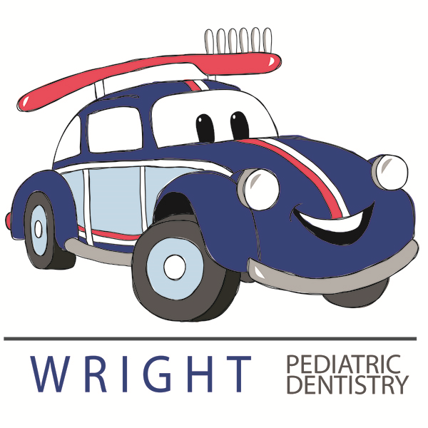 Cartoon blue race car logo with "Wright Pediatric Dentistry" text below