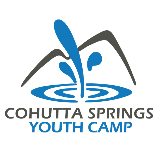 Cohutta Springs Youth Camp logo with blue water splash and gray mountain outline